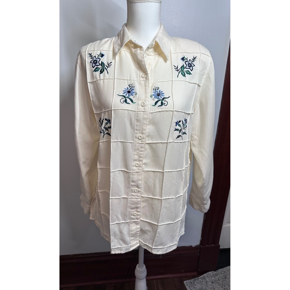 Alfred Dunner Cream Floral Embroidered Grid Button Front Shirt Womens 8 Vintage
